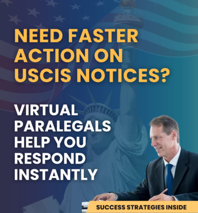 An attorney smiling while reviewing USCIS notice documents, supported by a virtual paralegal for rapid response.