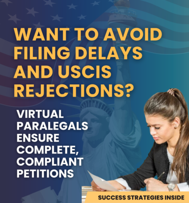 A focused woman in professional attire reviewing paperwork, representing how virtual paralegals help attorneys ensure USCIS petitions are complete and compliant.
