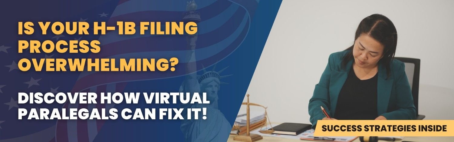 Asian female lawyer working on H-1B filings with virtual paralegals, enhancing efficiency in legal processes