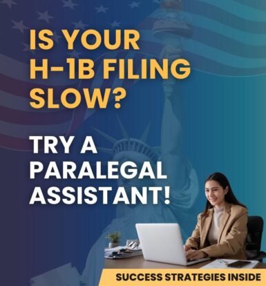 Immigration attorney using a virtual assistant and paralegal for H-1B filings, with the Statue of Liberty in the background, representing streamlined immigration processes