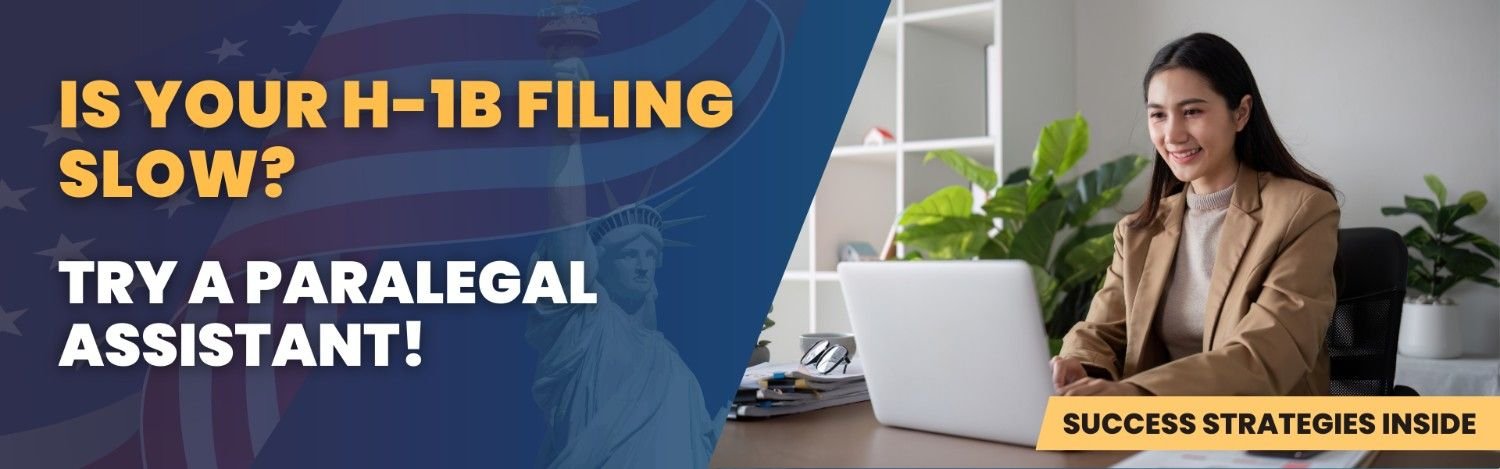 Immigration attorney using a virtual assistant and paralegal for H-1B filings, with the Statue of Liberty in the background, representing streamlined immigration processes.