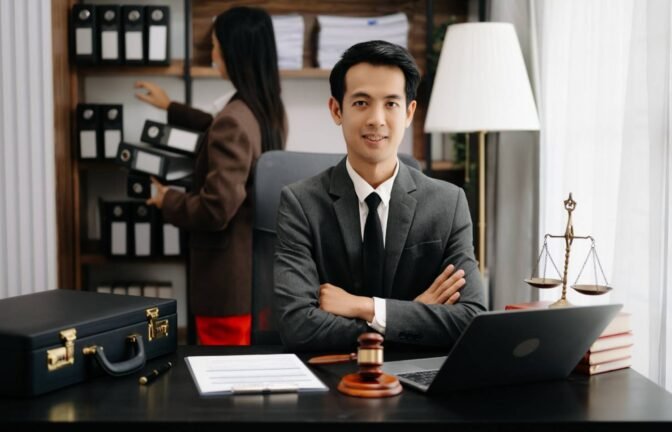 Confident immigration attorney in office with legal assistant organizing case files, symbolizing law firm efficiency and growth.