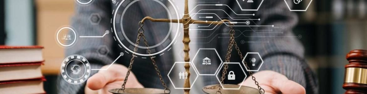 Digital transformation in law firms  –  lawyer holding scales of justice with futuristic legal tech icons representing automation and cloud solutions.