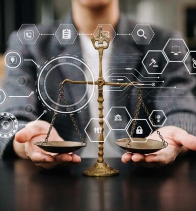Digital transformation in law firms – lawyer holding scales of justice with futuristic legal tech icons representing automation and cloud solutions.