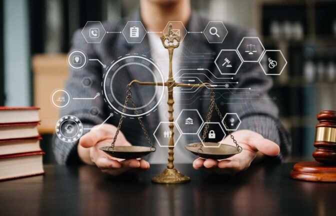 Digital transformation in law firms – lawyer holding scales of justice with futuristic legal tech icons representing automation and cloud solutions.