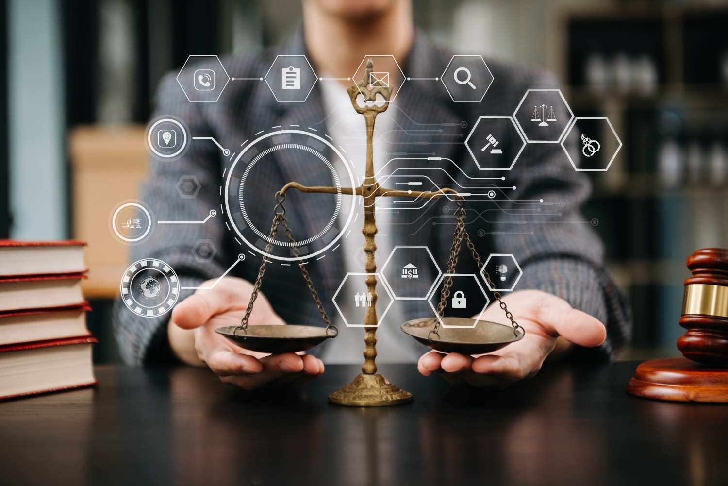 Digital transformation in law firms – lawyer holding scales of justice with futuristic legal tech icons representing automation and cloud solutions.