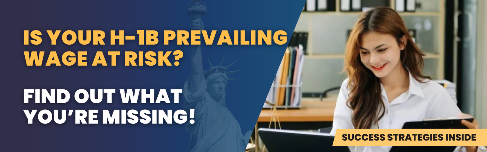 H-1B Prevailing Wage Risk Graphic - A question on wage compliance with icons for H-1B document, magnifying glass with dollar sign, bar chart, and professional working on a laptop.