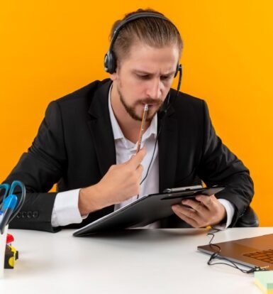 A virtual paralegal reviewing H-1B Public Access File (PAF) documents while wearing a headset, ensuring employer compliance.