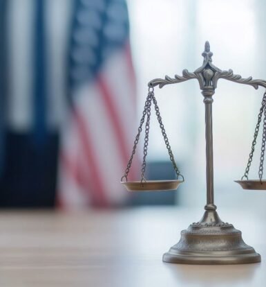 Immigration Litigation Support Services - Legal Balance Scale in Law Firm with American Flag in Background.