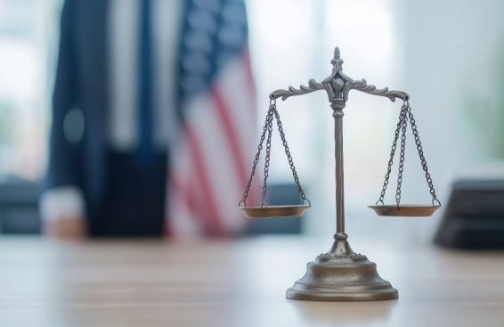 Immigration Litigation Support Services - Legal Balance Scale in Law Firm with American Flag in Background.
