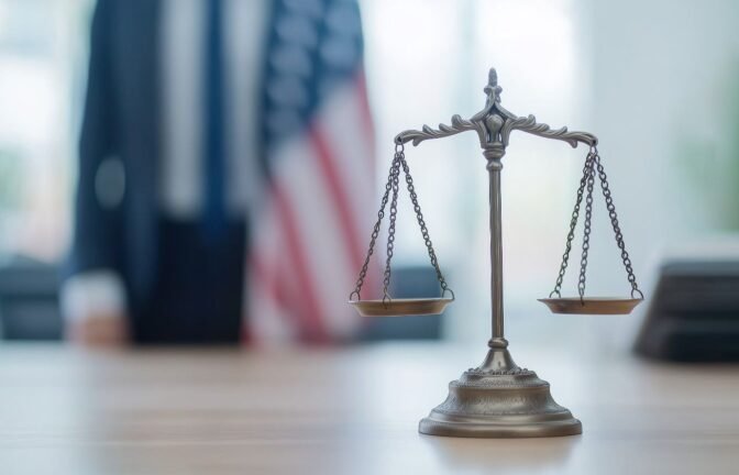 Immigration Litigation Support Services - Legal Balance Scale in Law Firm with American Flag in Background.
