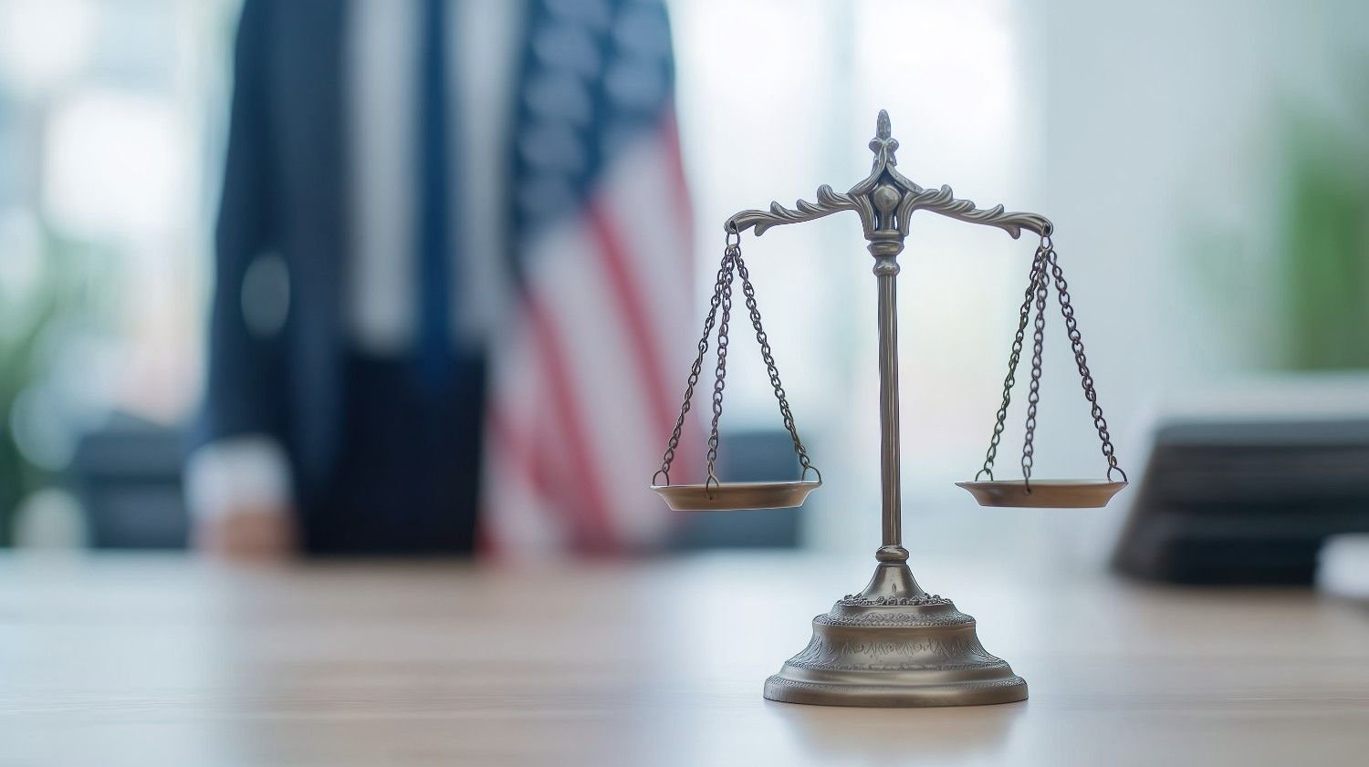 Immigration Litigation Support Services - Legal Balance Scale in Law Firm with American Flag in Background.