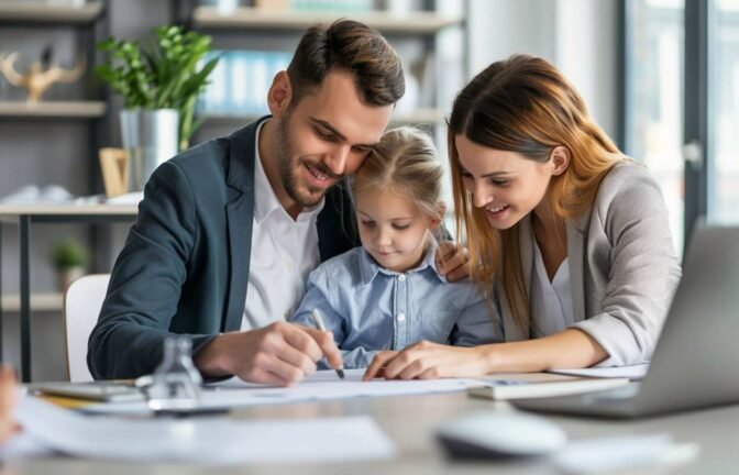 Happy family completing immigration paperwork with professional legal support, ensuring a smooth and stress-free reunification process.