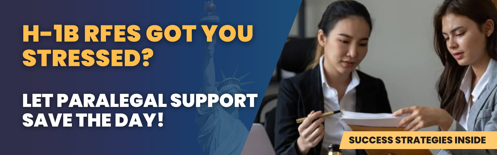 Immigration attorneys reviewing H-1B RFE response strategies with paralegal support