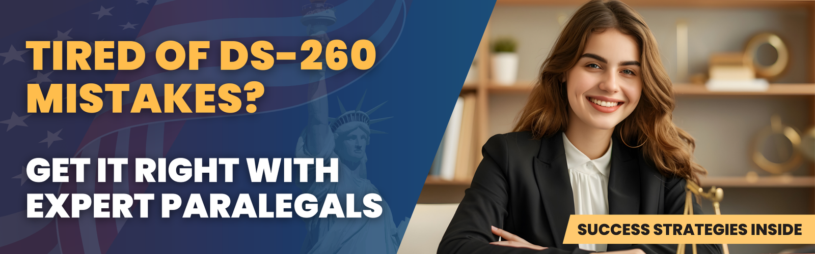 Tired of DS-260 mistakes? Expert paralegal services for EB-3 visa consular processing with smiling legal assistant.