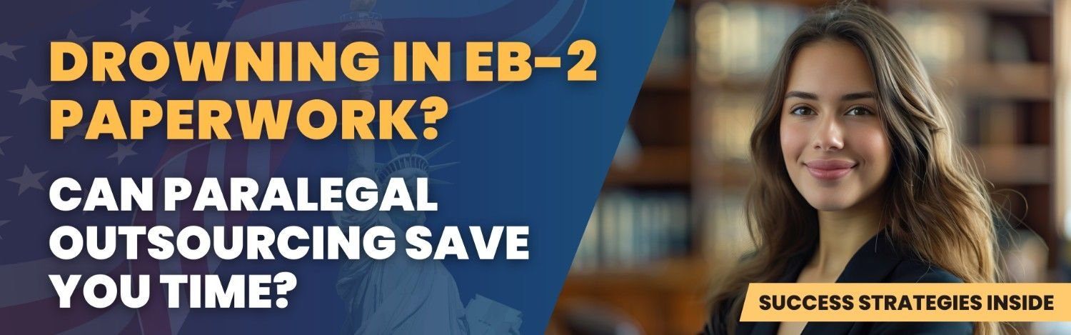 A professional image featuring a confident young woman, symbolizing success, with a background of the U.S. flag and a blurred library setting. The headline reads, "Drowning in EB-2 Paperwork? Can Paralegal Outsourcing Save You Time?" This image emphasizes the benefit of outsourcing paralegal services to improve EB-2 petition efficiency.