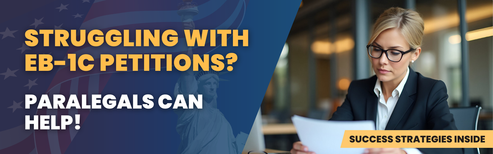 Immigration paralegal assisting with EB-1C petitions. A professional attorney reviewing documents, showcasing how paralegals can simplify EB-1C petition outsourcing.