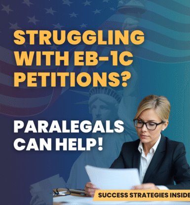 Immigration paralegal assisting with EB-1C petitions. A professional attorney reviewing documents, showcasing how paralegals can simplify EB-1C petition outsourcing.