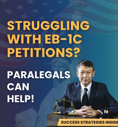 Immigration paralegal assisting with EB-1C petitions. A professional attorney reviewing documents, showcasing how paralegals can simplify EB-1C petition outsourcing.