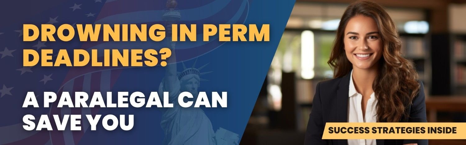 Immigration attorney overwhelmed by PERM deadlines, supported by a paralegal with outsourcing strategies that streamline the process.