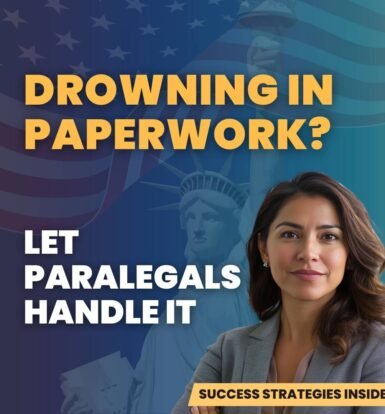 Immigration attorney facing paperwork overload with headline "Drowning in Paperwork? Let Paralegals Handle It" promoting virtual paralegal support for green card appeals.