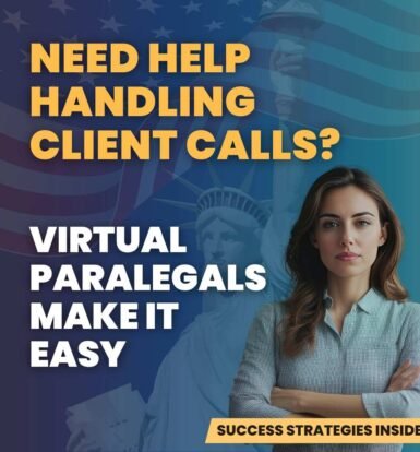 Confident professional woman with arms crossed promoting virtual paralegal services for handling client calls in immigration law firms.
