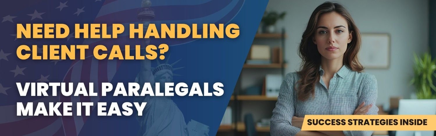 Confident professional woman with arms crossed promoting virtual paralegal services for handling client calls in immigration law firms.