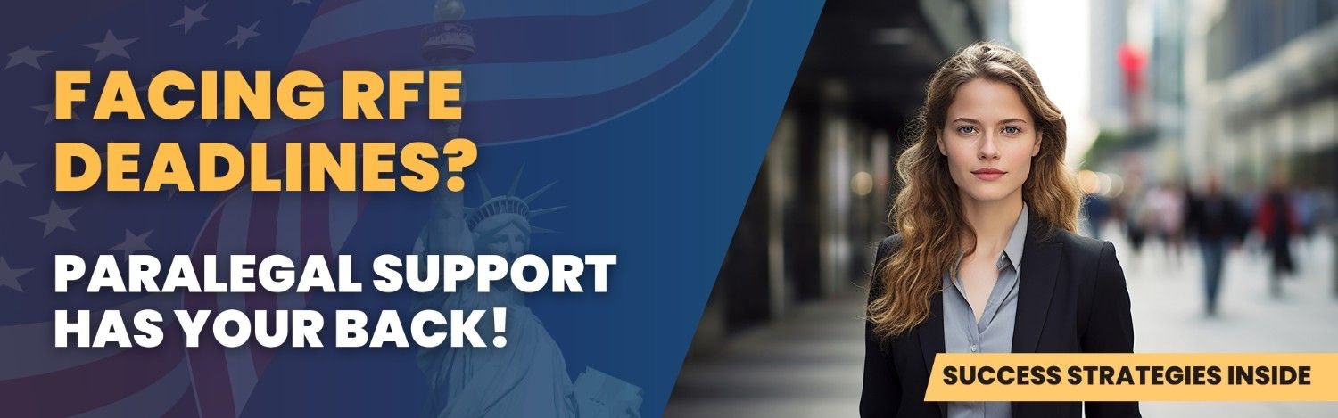 Confident immigration attorney in business attire with text 'Facing RFE Deadlines? Paralegal Support Has Your Back' and 'Success Strategies Inside' for timely RFE management.