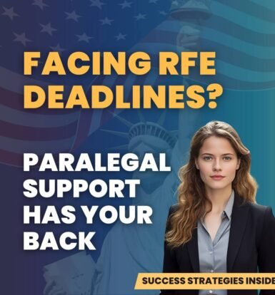 "Confident immigration attorney in business attire with text 'Facing RFE Deadlines? Paralegal Support Has Your Back' and 'Success Strategies Inside' for timely RFE management."