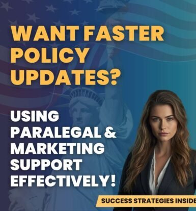 Immigration attorney with Statue of Liberty background promoting faster immigration policy updates using paralegal and marketing support