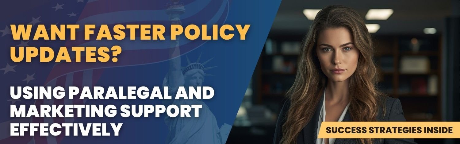 Immigration attorney with Statue of Liberty background promoting faster immigration policy updates using paralegal and marketing support