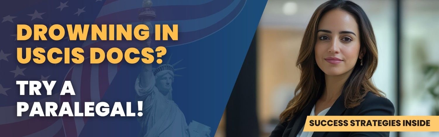 Immigration attorney promoting paralegal services for handling USCIS documentation with Statue of Liberty in background.