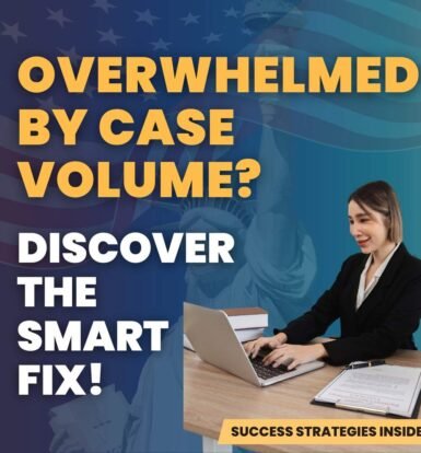 Overwhelmed immigration attorney at desk discovering smart fix with remote paralegal support from Immisupport