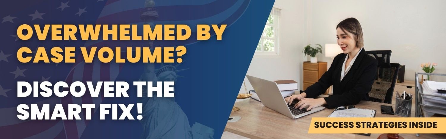 Overwhelmed immigration attorney at desk discovering smart fix with remote paralegal support from Immisupport