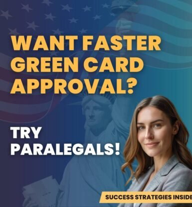 Want Faster Green Card Approval? Try Paralegals! Image showcasing a professional woman with a background of the Statue of Liberty and American flag, highlighting the benefits of paralegal support for green card processing.