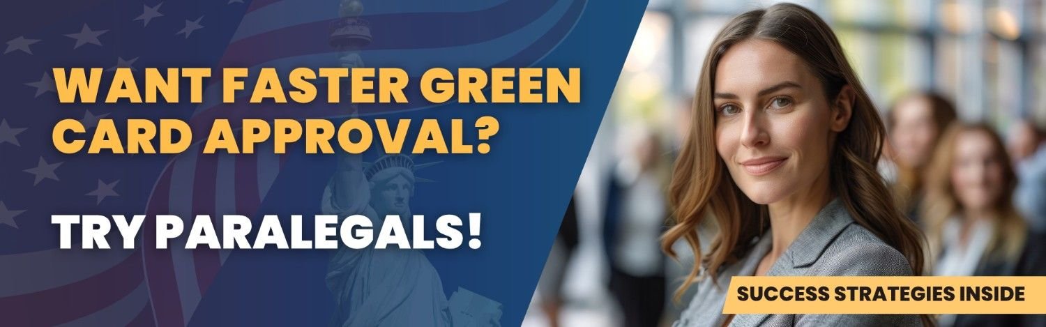 Want Faster Green Card Approval? Try Paralegals! Image showcasing a professional woman with a background of the Statue of Liberty and American flag, highlighting the benefits of paralegal support for green card processing.
