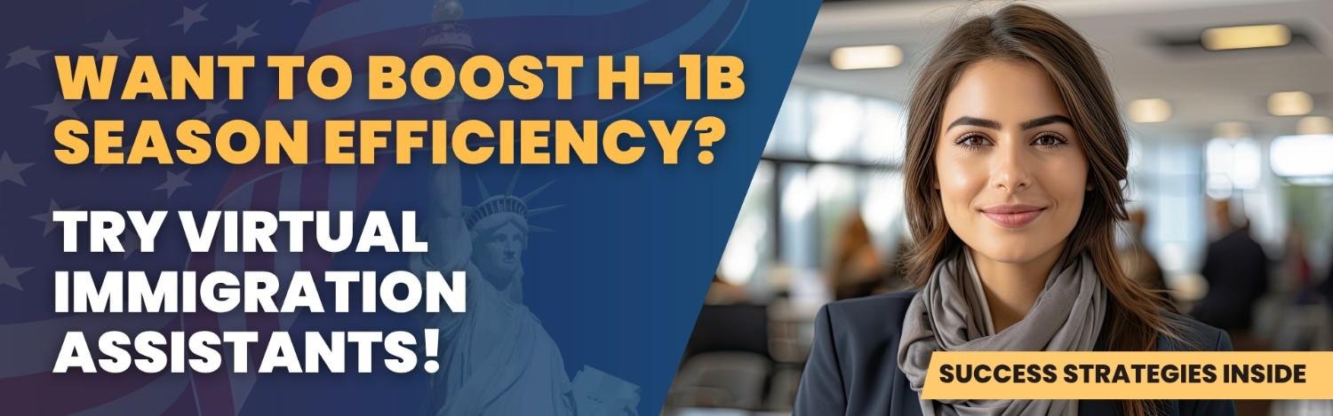 Professional woman smiling in office, promoting virtual immigration assistants for H-1B filing season efficiency.