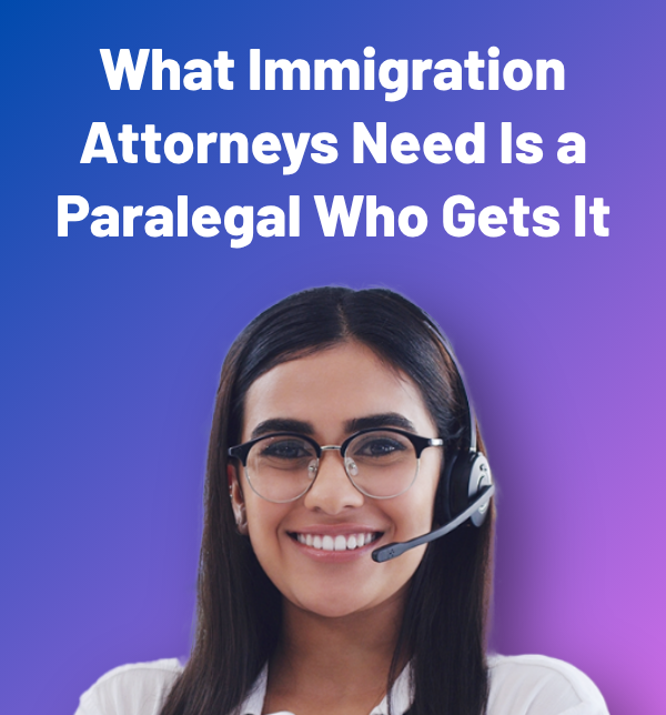 A trained virtual immigration paralegal works remotely on a USCIS form, reviewing documents and updating a law firm’s case management system from a home office environment.
