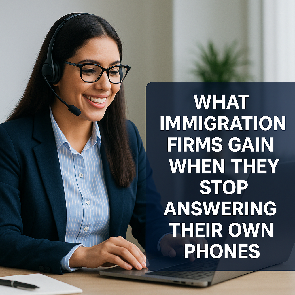 A professional Latina virtual intake coordinator wearing a headset smiles while handling a client call in a modern office. She is seated at her desk with a laptop and notepad, representing outsourced intake support for immigration law firms.