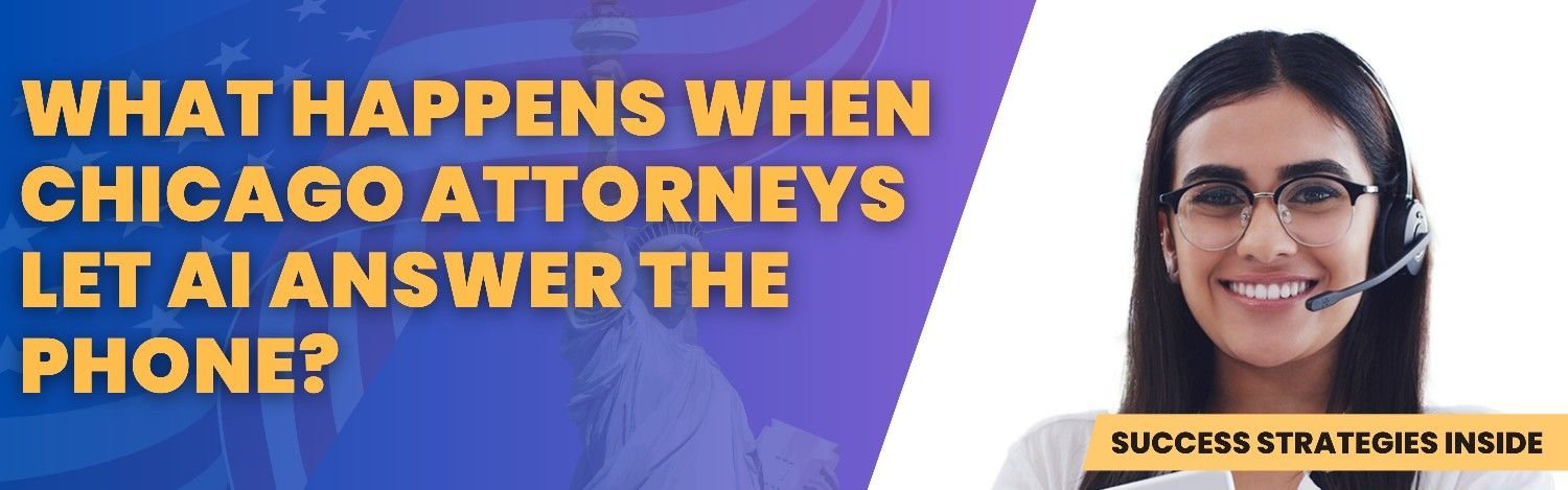A smiling woman wearing glasses and a headset holds a laptop, standing beside bold blue text that reads, “What Happens When Chicago Attorneys Let AI Answer the Phone?” — representing AI-powered virtual receptionist services for law firms.